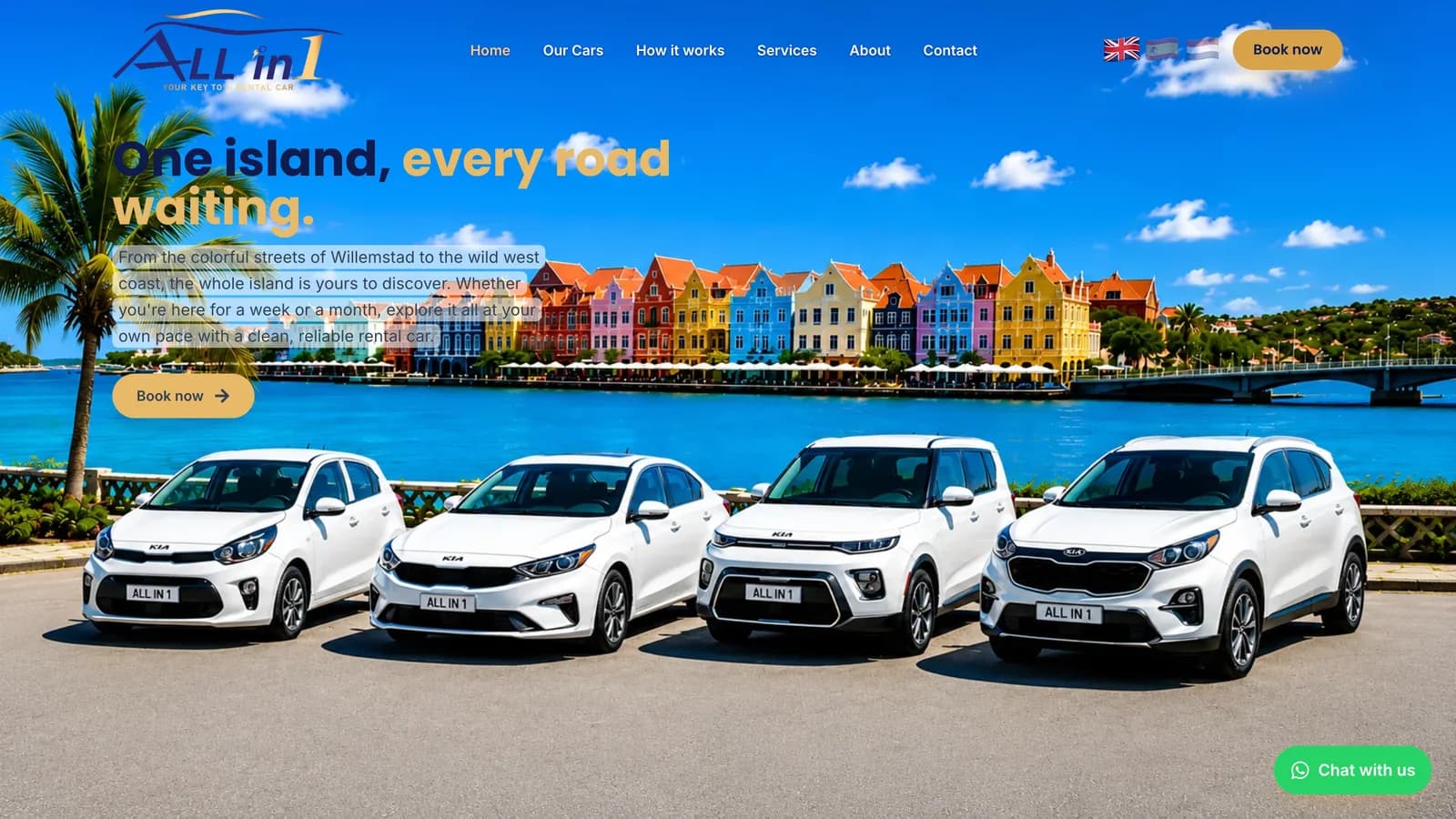 All-in-1 Car Rentals desktop homepage, four white rental cars lined up by the Willemstad waterfront