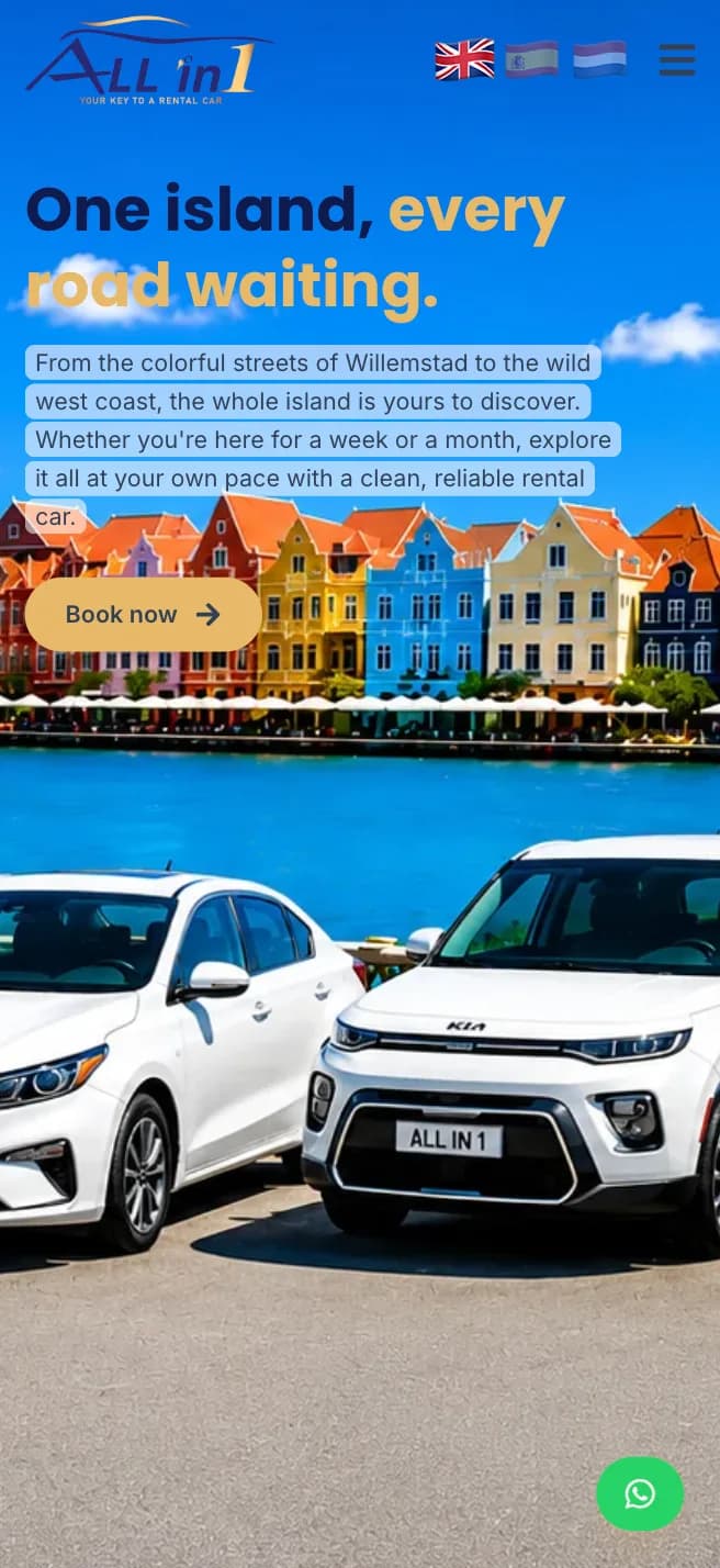 All-in-1 Car Rentals mobile homepage, white rental cars in front of the colourful Willemstad waterfront