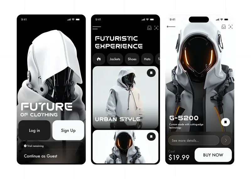 Three monochrome fashion app screens with futuristic hooded outfits
