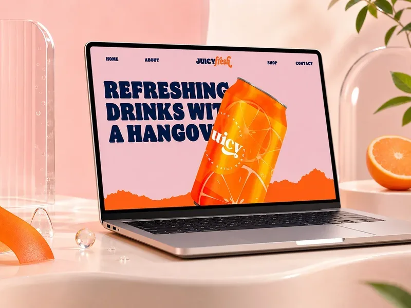 JuicyFresh drinks website on a laptop, bold retro typography and an orange can on a pink set