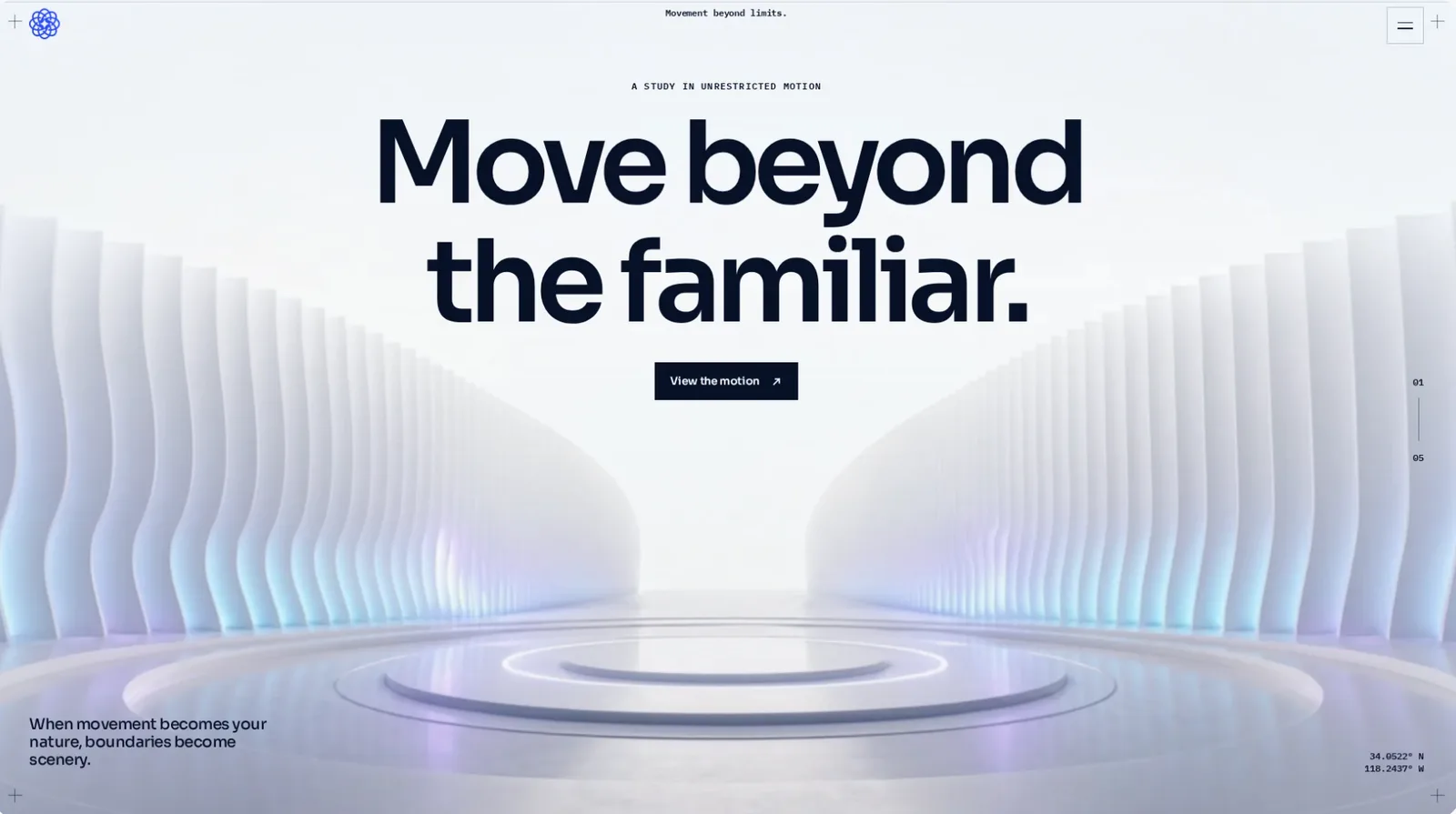 Minimal white concept landing page with the headline Move beyond the familiar over a futuristic corridor