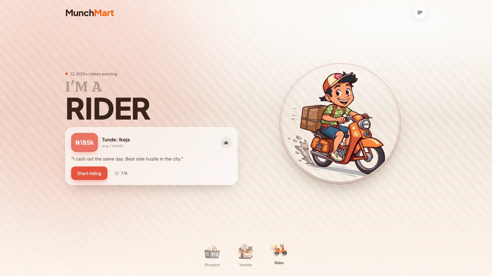 MunchMart rider landing page with an illustrated delivery rider and an earnings card