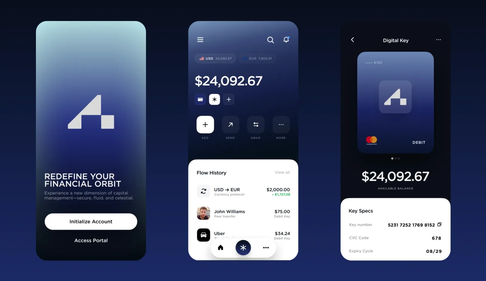 Three dark navy fintech app screens with balances, transfers and a digital bank card