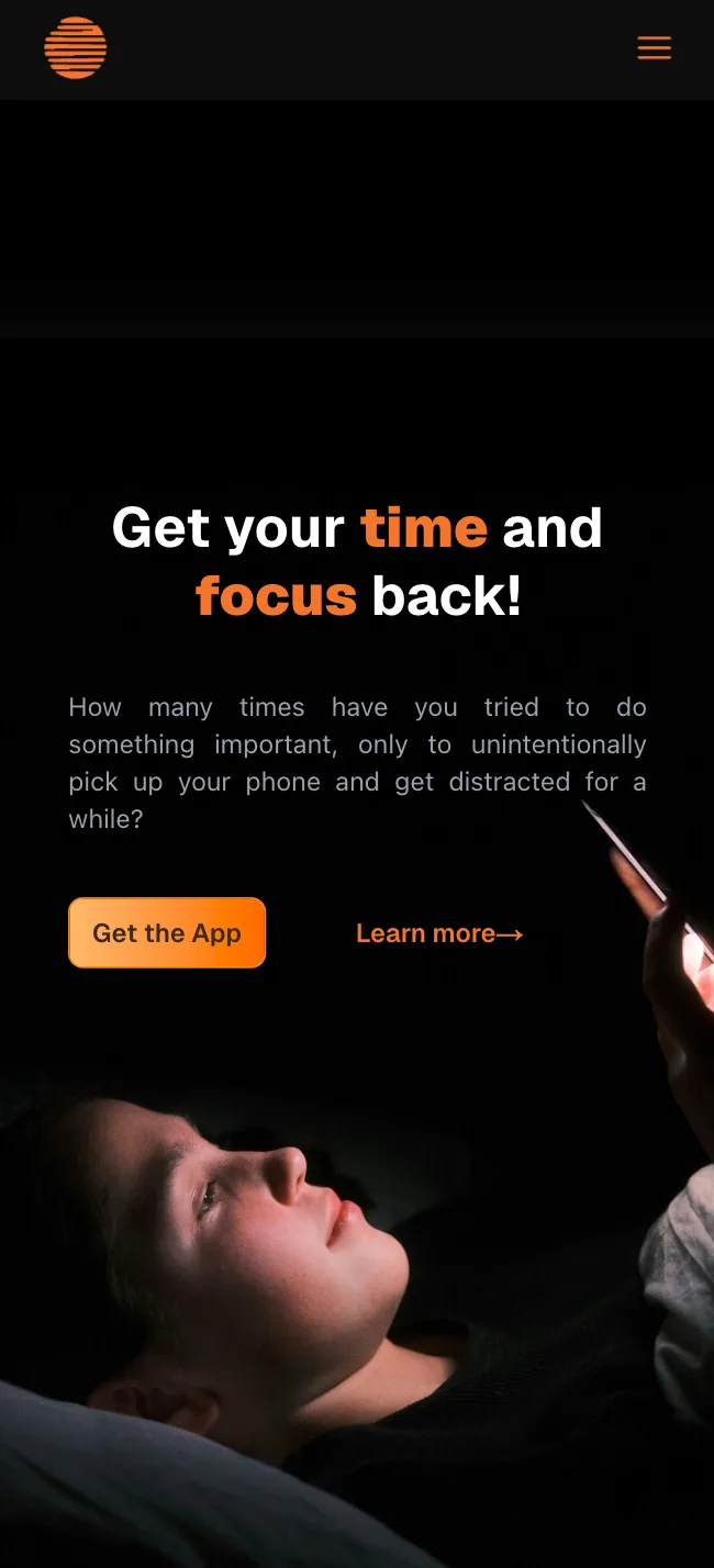 Tranquil landing page on a phone, dark hero with orange accents