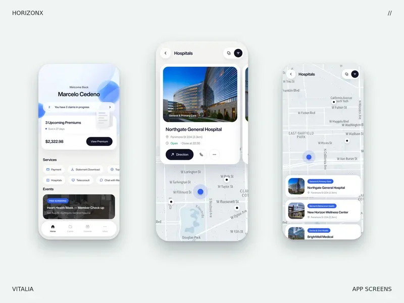 Three light health insurance app screens with premiums, a hospital card and a map of nearby hospitals